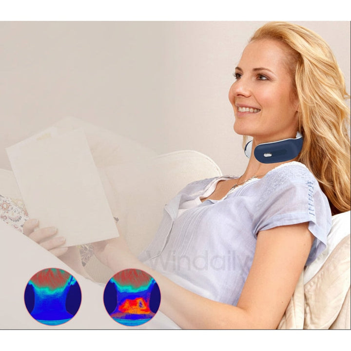 Compact wireless neck massager with heat therapy & electric pulse for targeted muscle and tension relief.