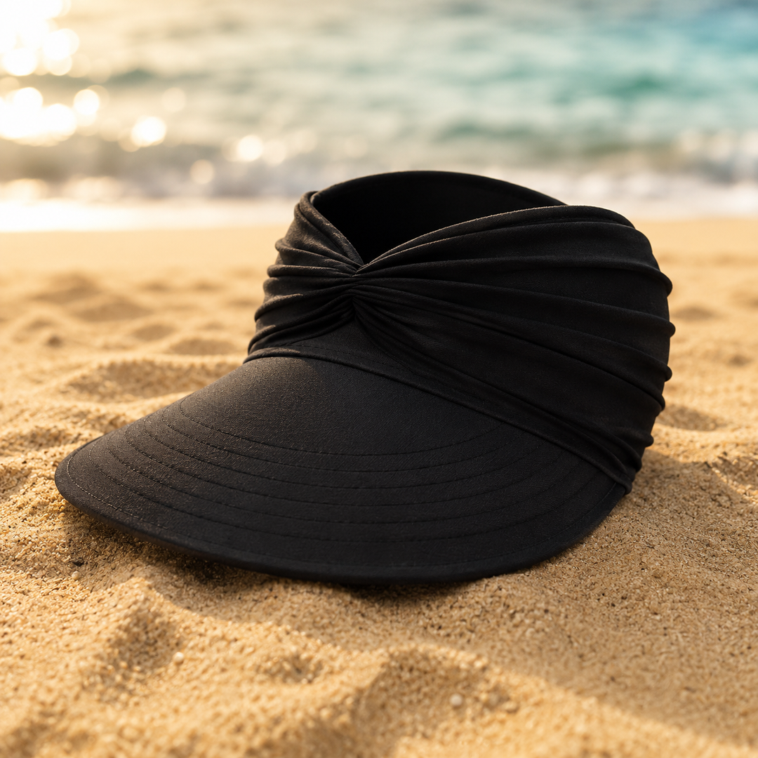 Stylish women's wide brim visor hat, UPF 50+ sun protection, perfect for summer beach days.