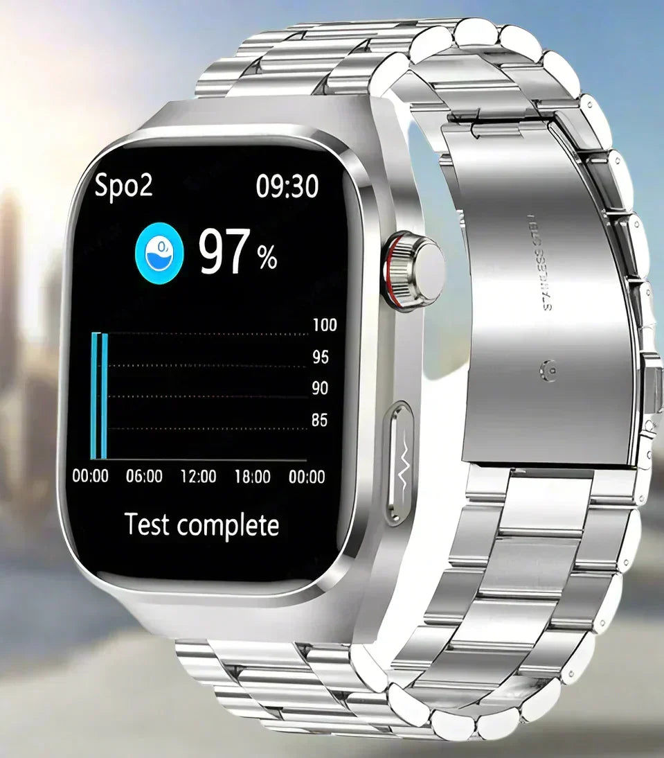 Advanced unisex smart watch, monitoring heart rate, ECG, and blood sugar levels seamlessly.