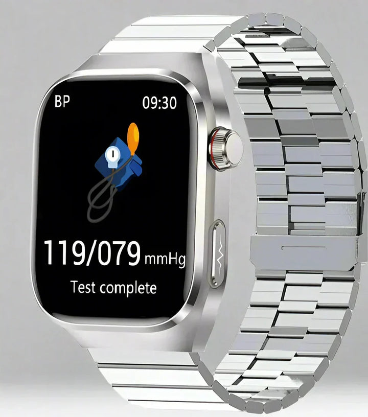 Fitness tracker health watch, offering ECG, blood sugar, and real-time heart rate data.
