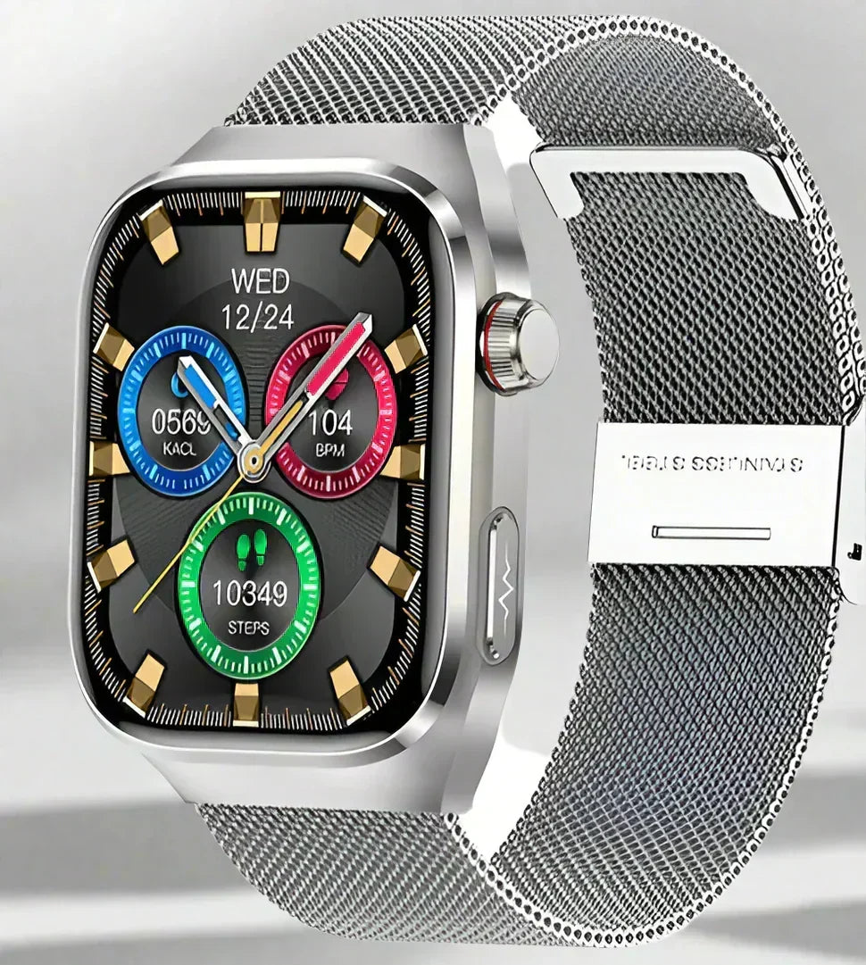 Bluetooth health monitoring watch with integrated ECG, blood sugar, and fitness insights.
