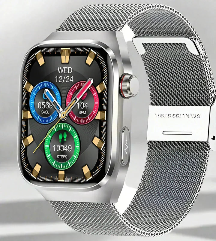Bluetooth health monitoring watch with integrated ECG, blood sugar, and fitness insights.