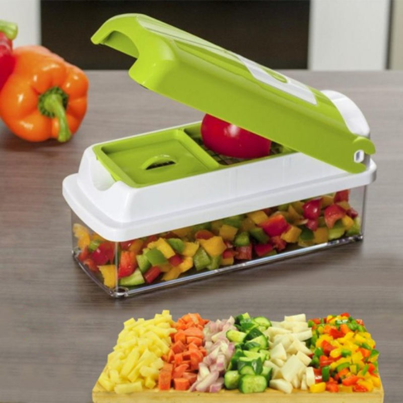 Detailed view of 12-in-1 vegetable slicer & chopper kit, showing various dicing & grating inserts.