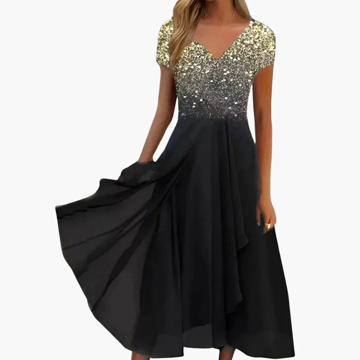 Floral shimmer midi cocktail dress for women, featuring elegant design & comfortable cap sleeves.