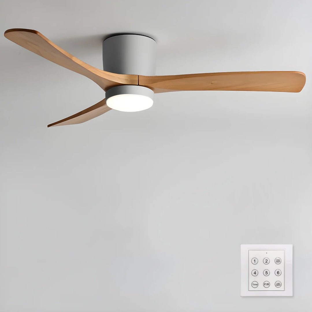 Modern ceiling fan with remote LED light. Quiet, reversible operation. Wooden sycamore blades, indoor home lighting.