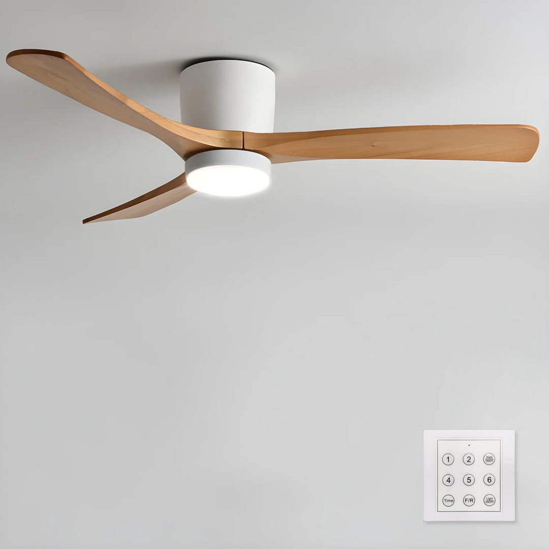 Wooden blade ceiling fan featuring remote LED light. Elegant sycamore design for modern home interior. Quiet.