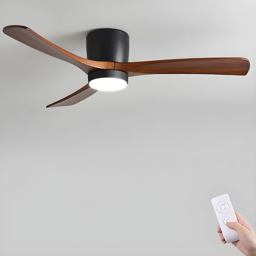 Quiet indoor ceiling fan with wooden sycamore blades and integrated LED light. Remote controlled for modern homes.