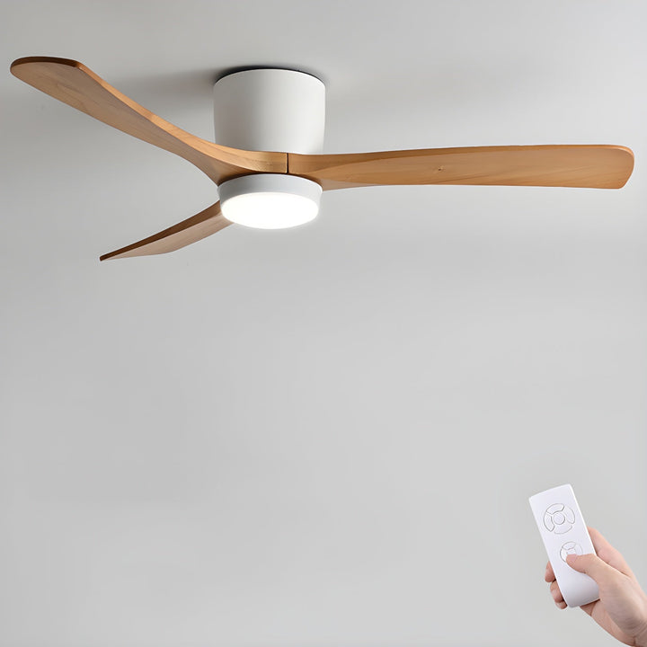 Sycamore wood ceiling fan with remote control & LED light. Modern, quiet operation for elegant home interior lighting.