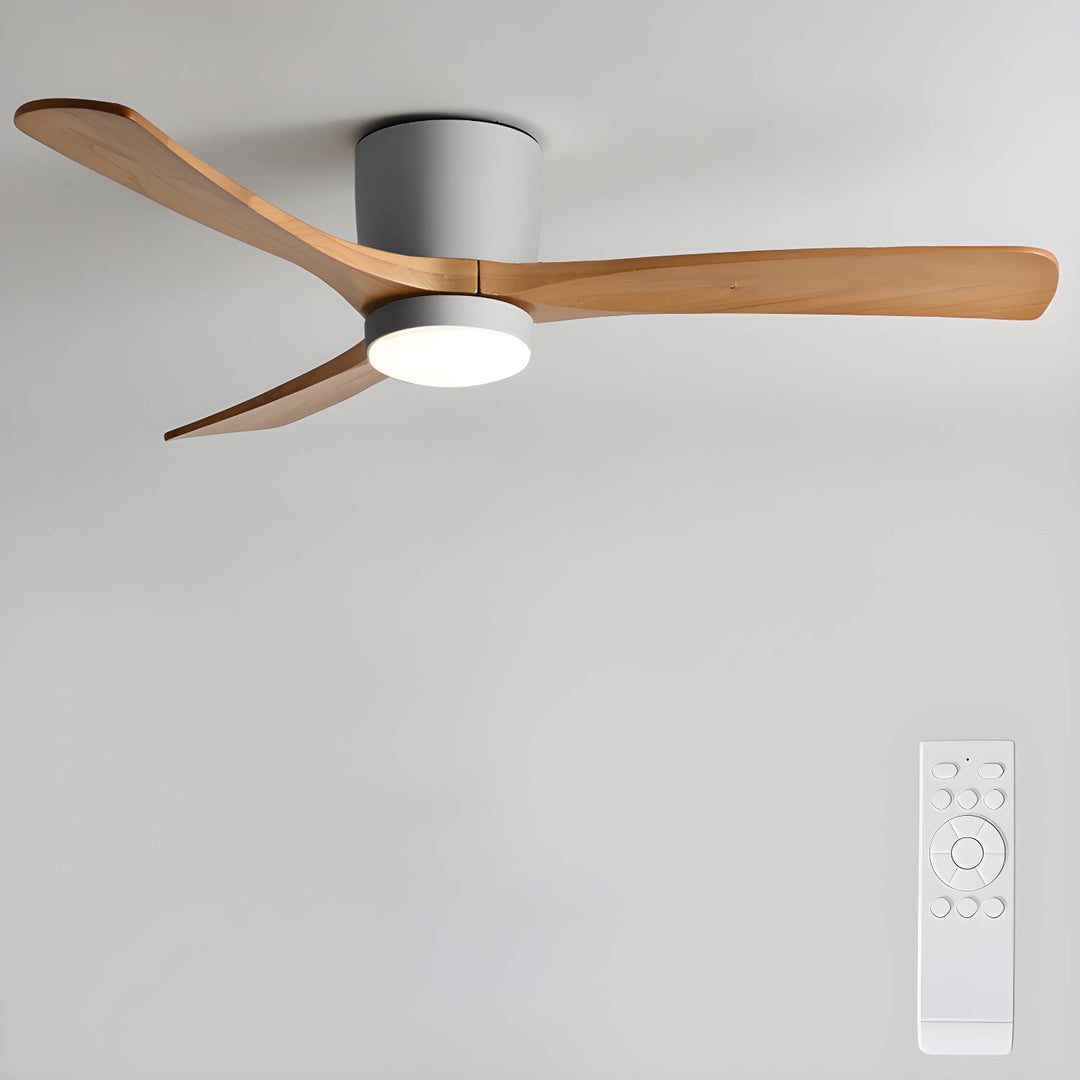 Stylish wooden ceiling fan with remote LED light. Sycamore blades ensure quiet, reversible airflow for modern homes.