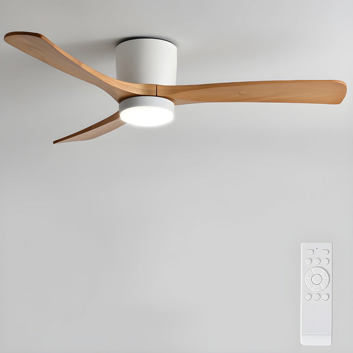 Modern LED ceiling fan with elegant wooden sycamore blades. Remote control for quiet, reversible indoor home lighting.
