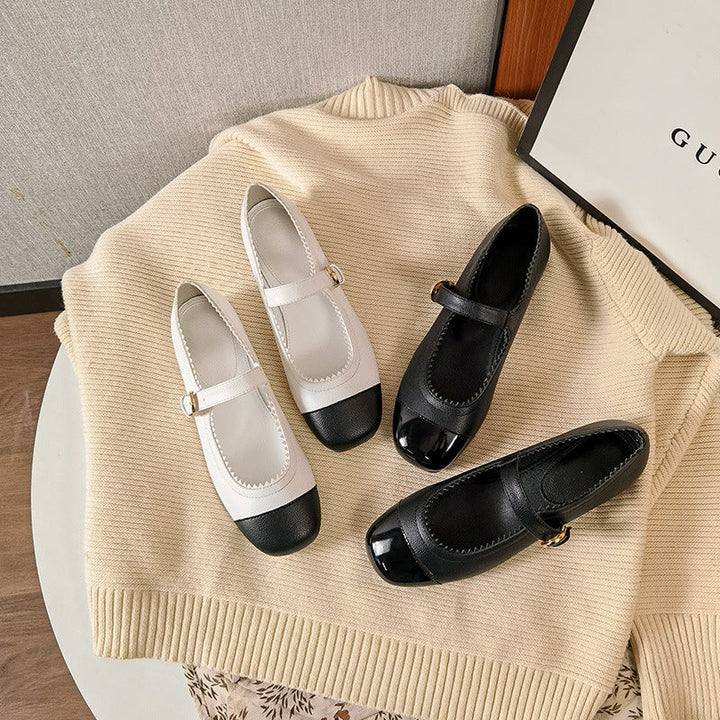 Classic two-tone Mary Jane platform heels for women, featuring a secure ankle strap, ideal for office and elegant occasions.