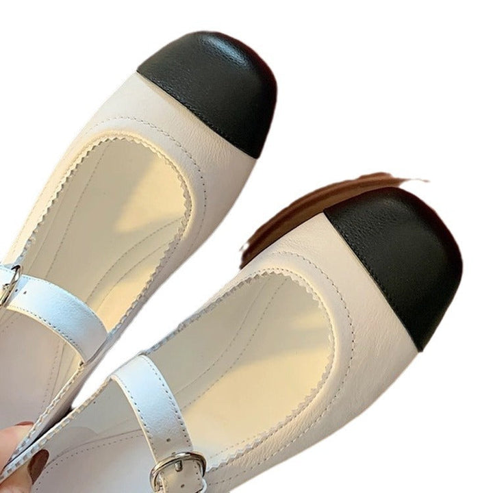 Chic two-tone women's Mary Jane platform heels, designed with a block heel and ankle strap for classic elegance.