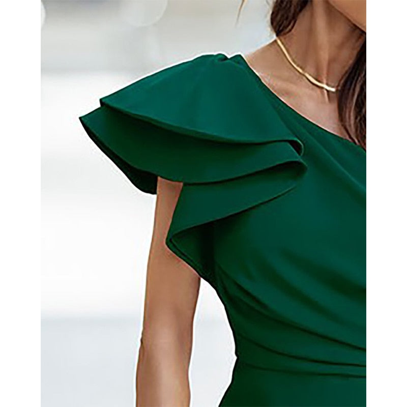 Fashionable women's one-shoulder midi dress, a versatile elegant party or cocktail dress for evening events.