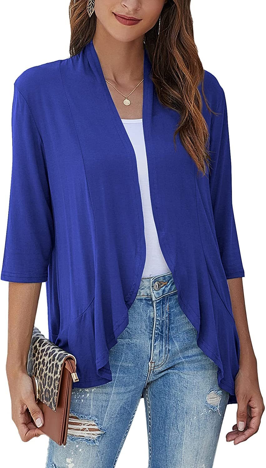 This versatile women's draped open front cardigan offers effortless 3/4 sleeve style & comfort.