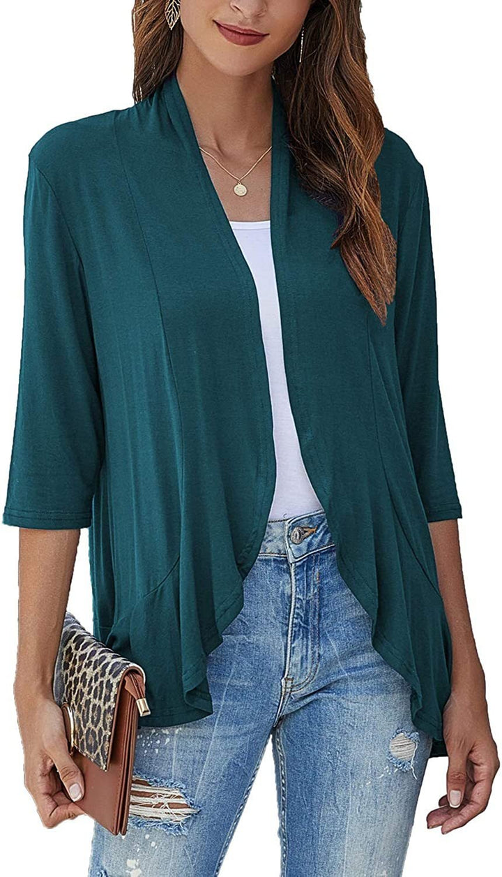 Stylish autumn/spring women's draped open front cardigan, lightweight 3/4 sleeve for chic looks.