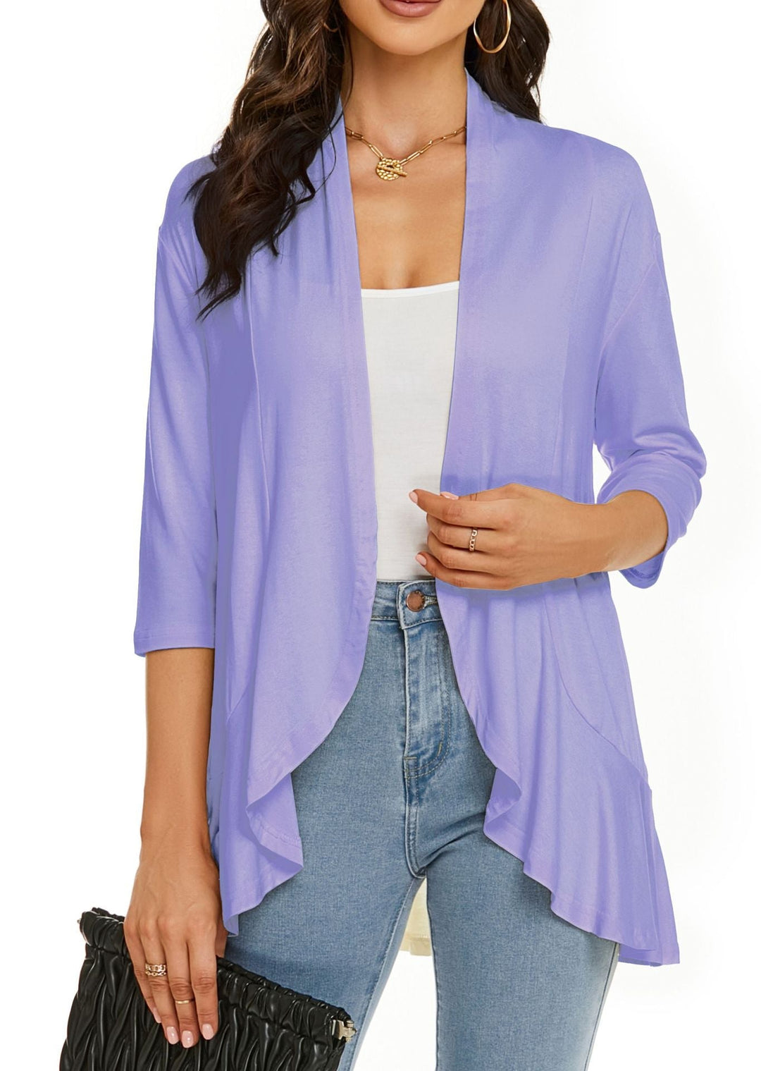 Essential women's draped open front cardigan, 3/4 sleeve, perfect for chic casual layering.