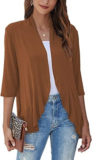 Women's draped open front cardigan. Lightweight 3/4 sleeve for versatile spring/autumn layering.