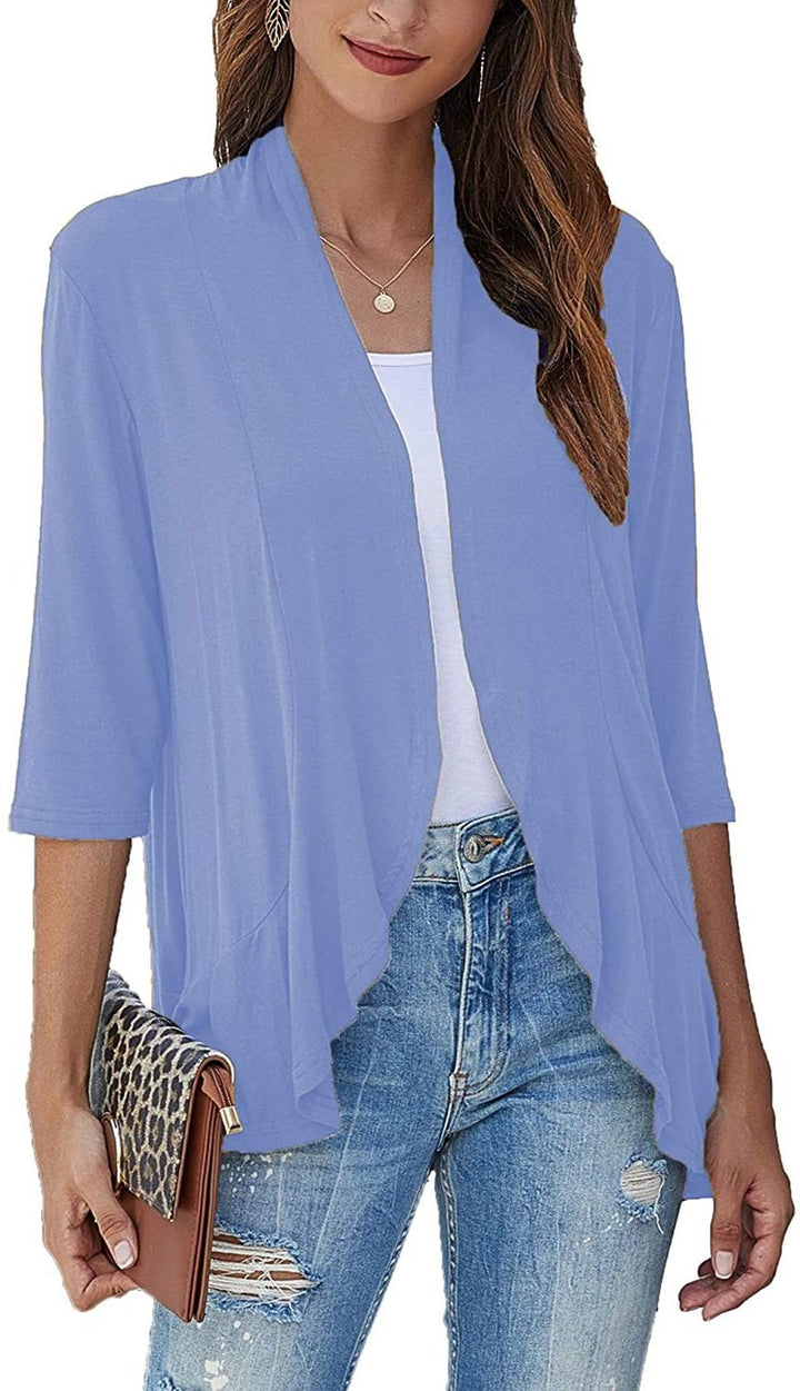 Fashionable women's draped open front cardigan, 3/4 sleeve, offering effortless chic style.