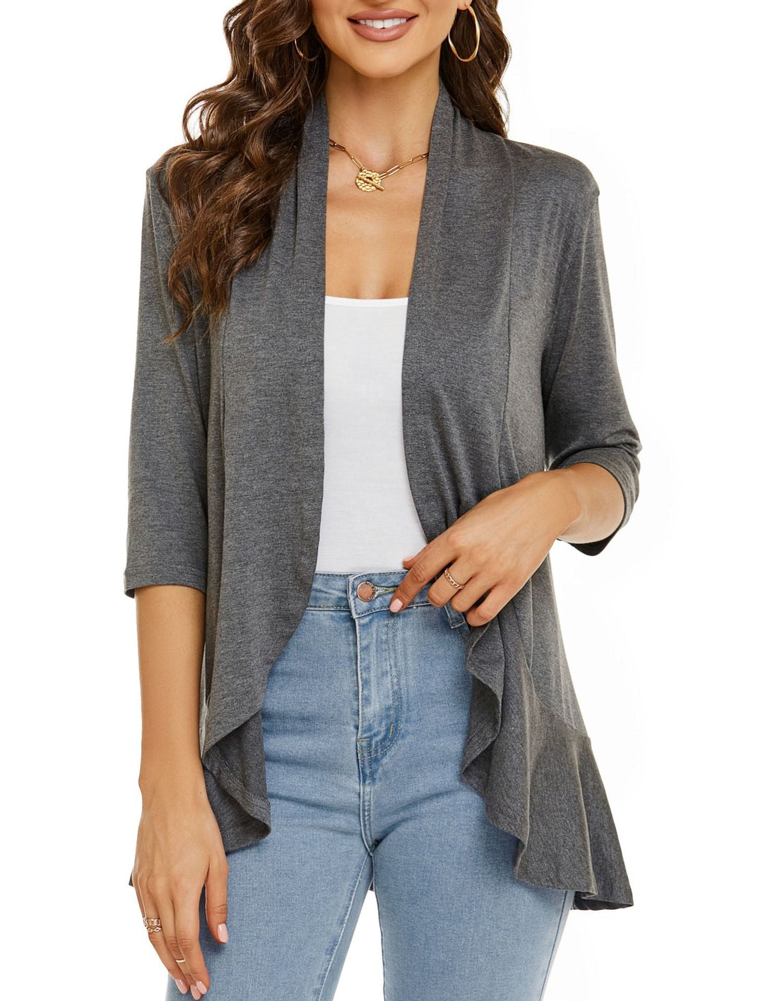 Chic women's draped open front cardigan with 3/4 sleeves, perfect for autumn & spring fashion.