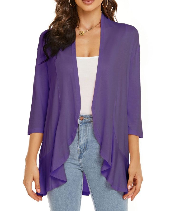 Lightweight open front draped cardigan for women, ideal for casual layering & effortless style.