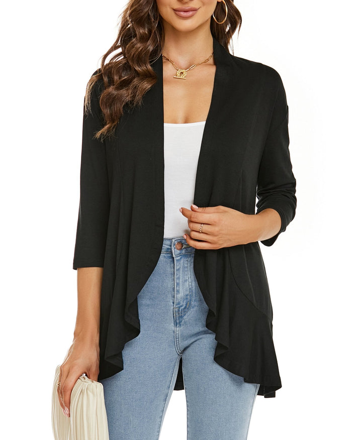 Versatile 3/4 sleeve women's draped open front cardigan, a chic addition for any outfit.