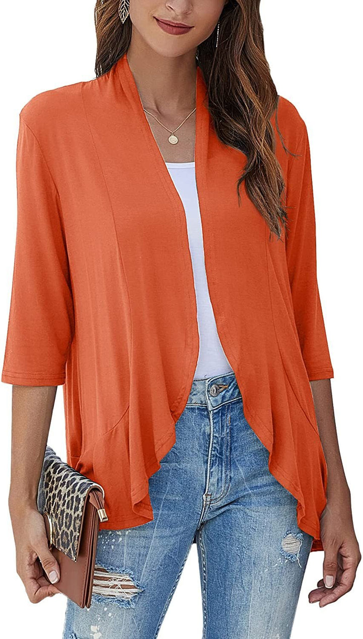 Black women's draped open front cardigan, chic 3/4 sleeve design for versatile fashion.