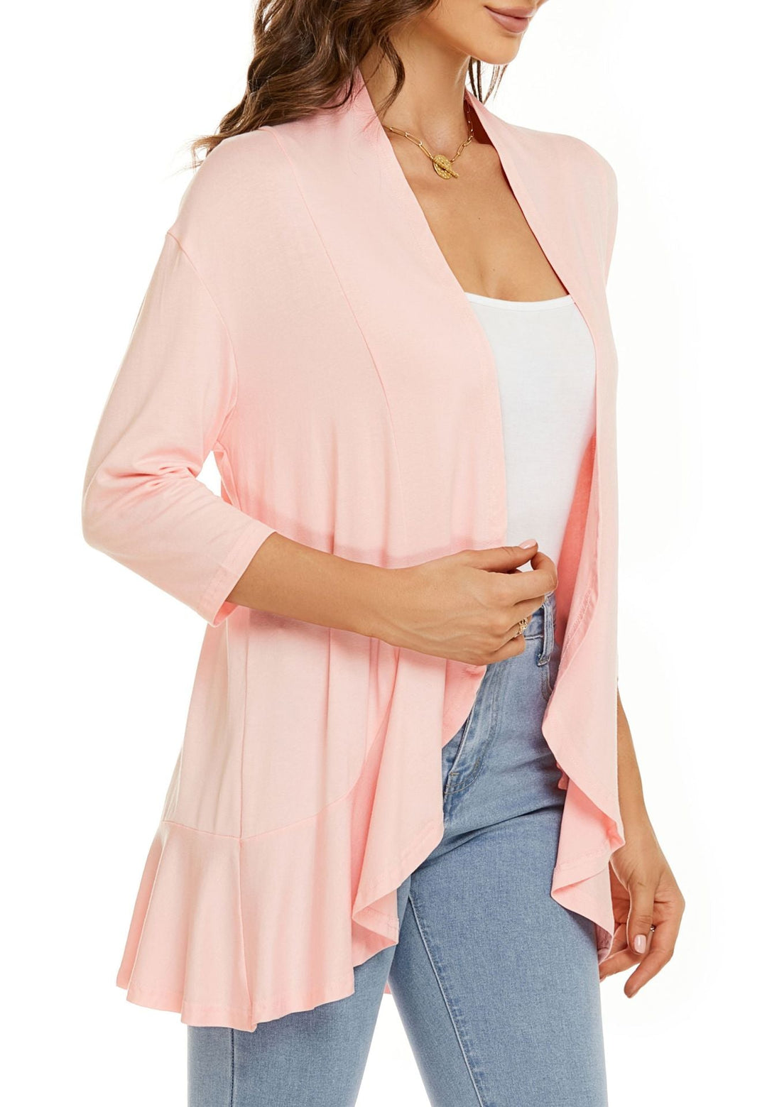 Casual women's draped open front cardigan, soft & lightweight, 3/4 sleeve for comfortable style.