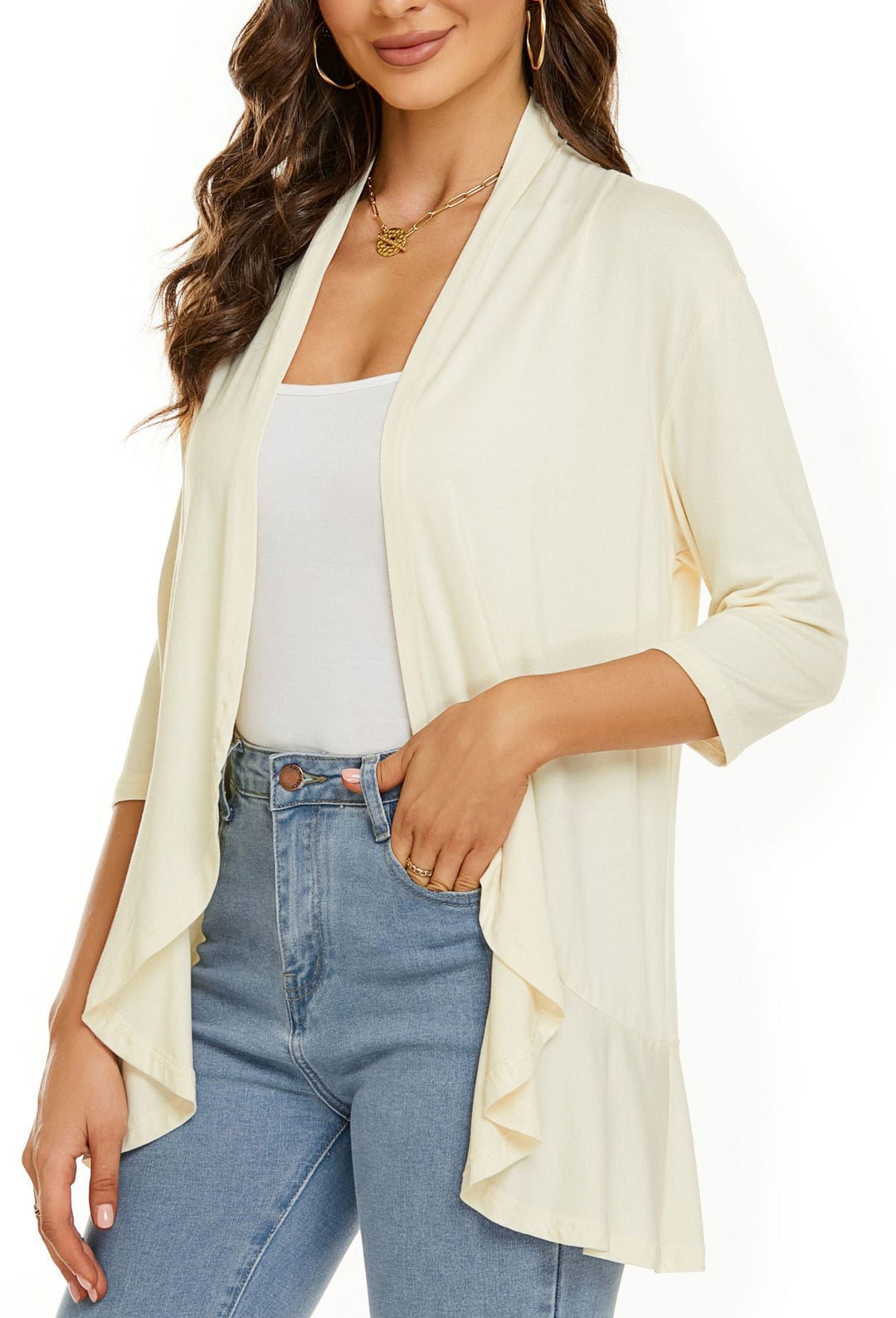 Elegant women's draped open front cardigan with 3/4 sleeves, a versatile layering sweater.