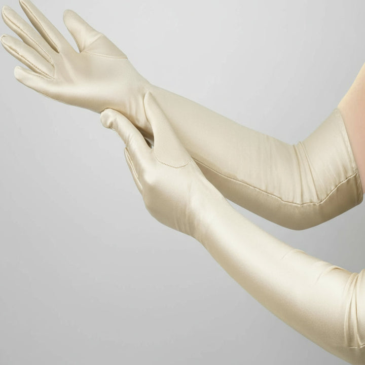 Chic black women's long opera gloves, elegant elbow-length accessory for evening, cosplay, or parties.