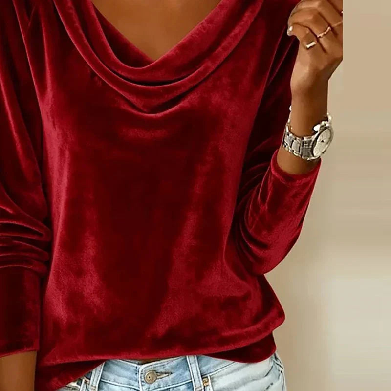 Women's flattering cowl neck long sleeve top, designed for an elegant silhouette, suitable for office or casual chic.