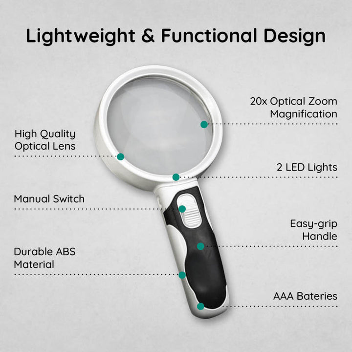 Durable LED reading magnifier, clear acrylic lens, a vision aid for low vision and small print.