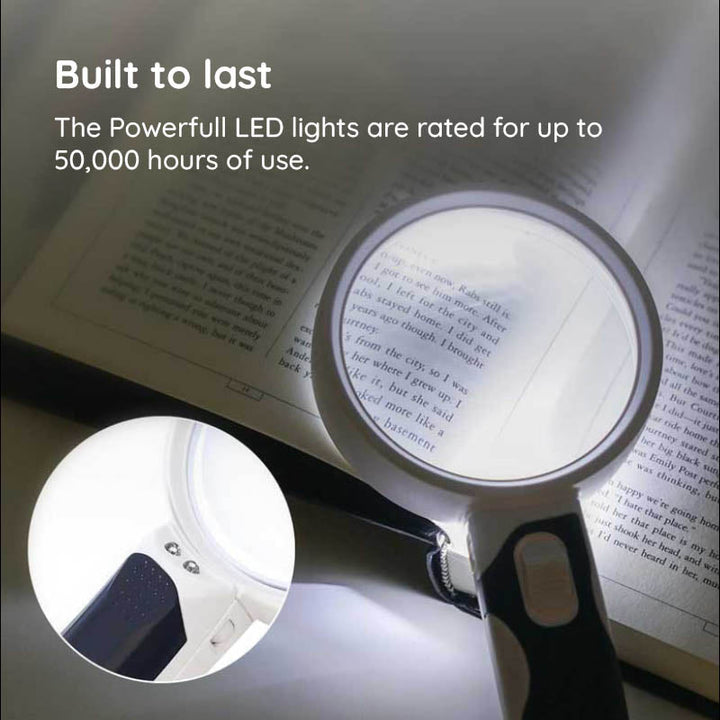 Elderly holding a clear LED reading magnifier, an essential low vision aid for daily reading.