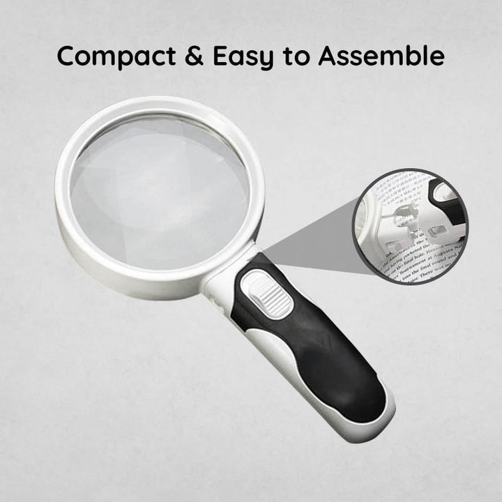 Handheld clear reading magnifier with bright LED lights, durable and effective for low vision.