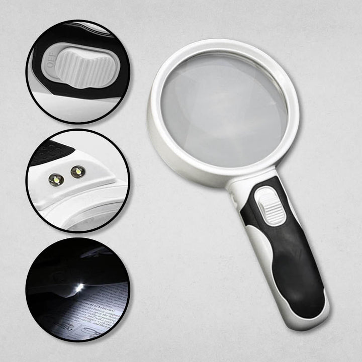 High-clarity acrylic magnifier with bright LED lights, great for reading and as a vision aid.