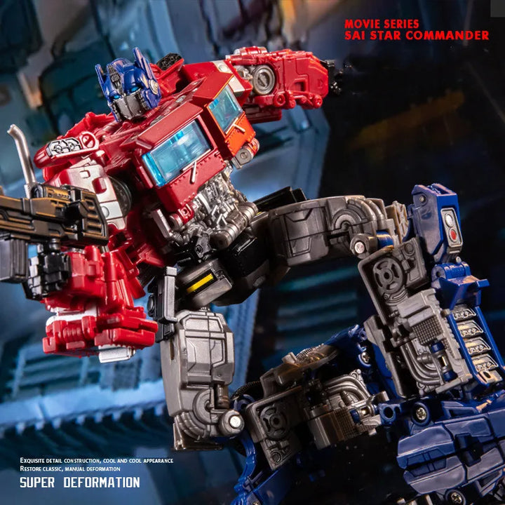 Dynamic pose of Optimus Prime plastic figure, a transforming robot action figure for avid collectors.