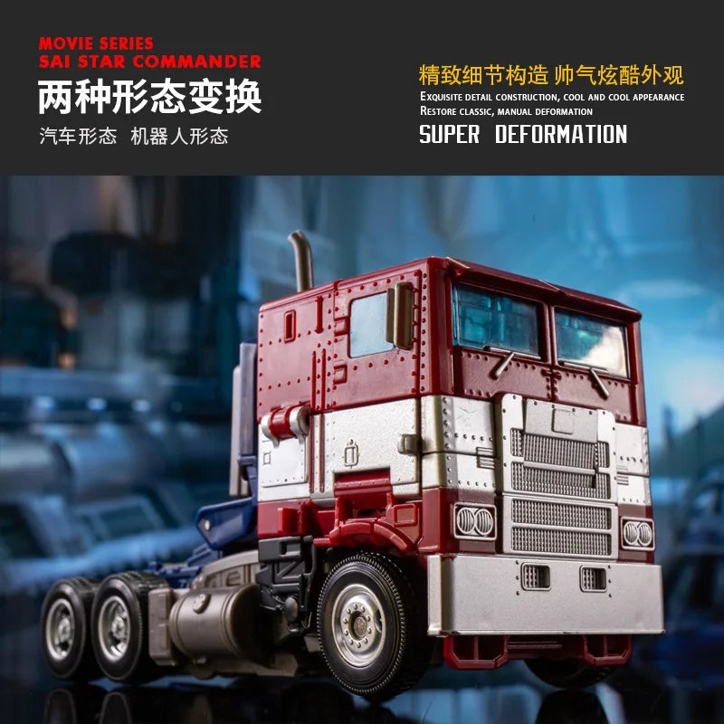 Close-up of Optimus Prime transforming collectible action figure, highlighting its authentic robot details.