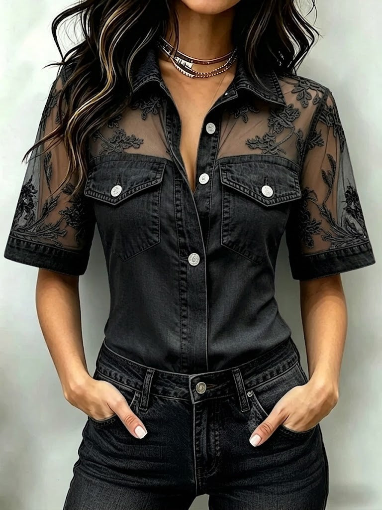 Close-up of a women's sheer lace short sleeve blouse, highlighting delicate lace details and elegant collared design.