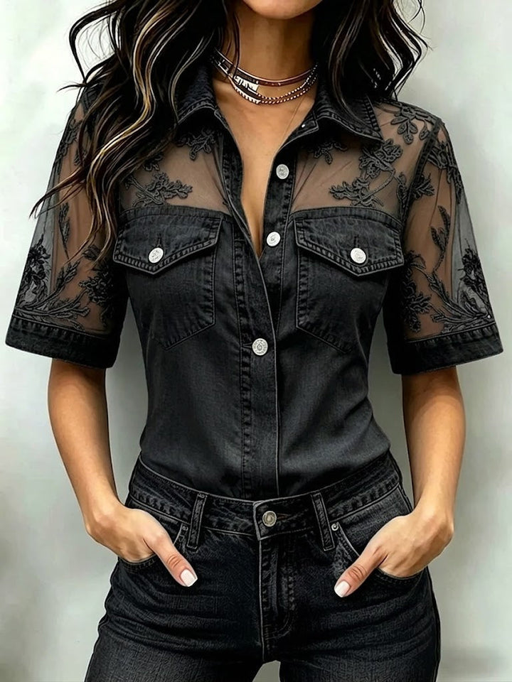 Close-up of a women's sheer lace short sleeve blouse, highlighting delicate lace details and elegant collared design.