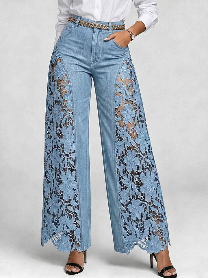 Fashionable women's high-waisted wide leg jeans with elegant crochet lace details, ideal for everyday style.