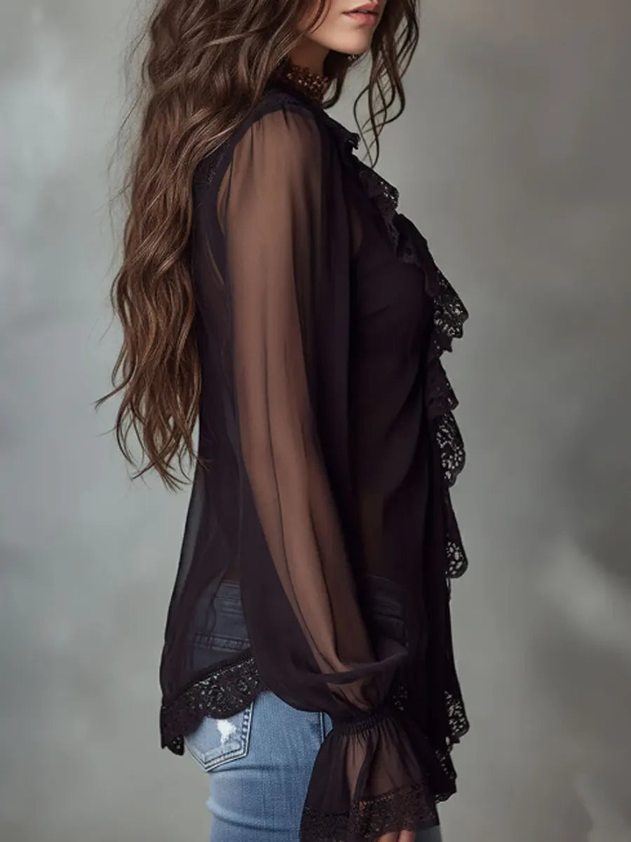 Fashionable women's sheer V-neck blouse with delicate ruffle long sleeves. Chic and elegant for any occasion.