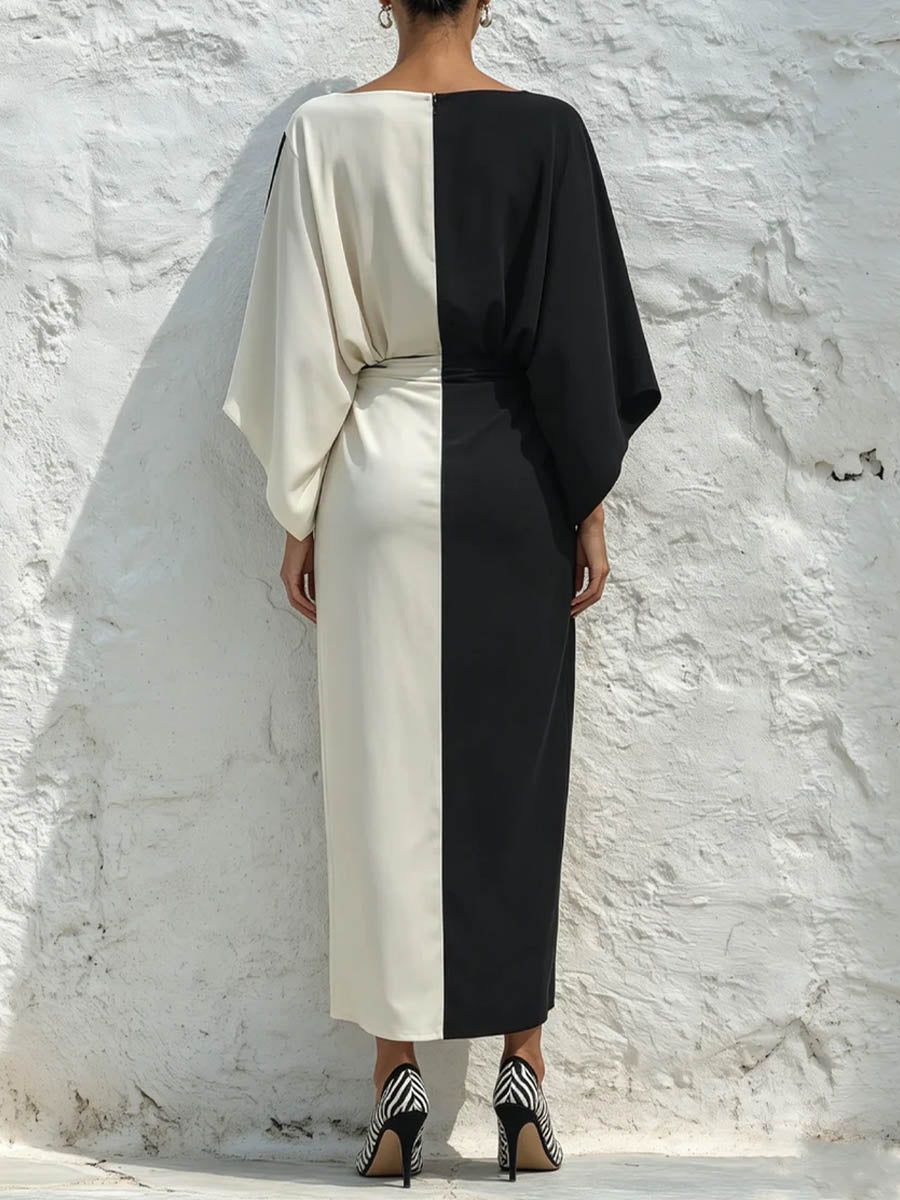Comfortable batwing sleeve maxi dress for women featuring a chic colorblock design & practical pockets.