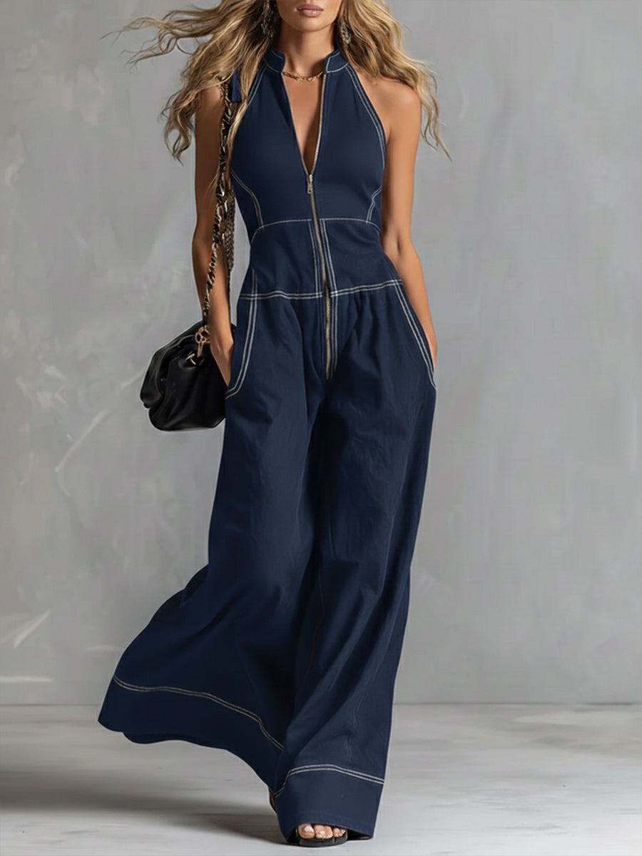 Versatile women's sleeveless V-neck wide leg jumpsuit, easily styled for casual outings or a chic modern look.