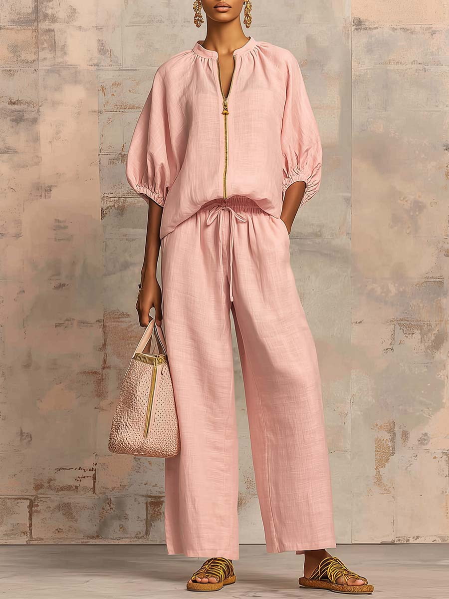 Women's effortless wide-leg pant & shirt two-piece set. Relaxed fit, perfect for casual summer wear or travel.