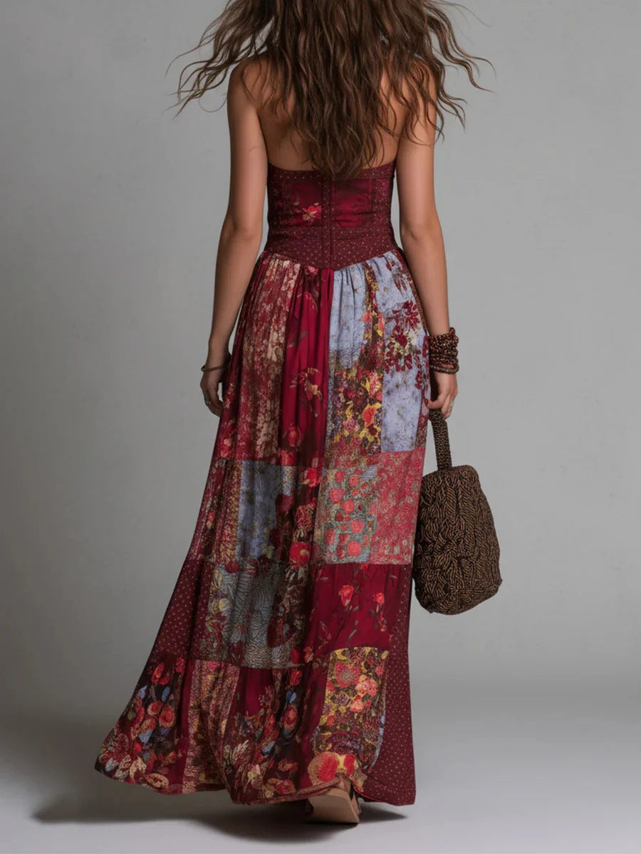 Flowing women's bohemian patchwork print maxi dress with V-neck, sleeveless design for comfortable summer style.