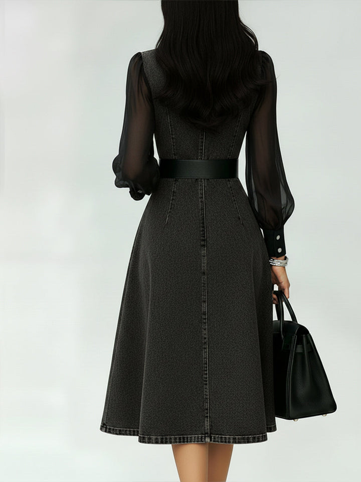 Stylish women's A-line midi dress for all seasons. Features a stand-up collar, sheer lantern sleeves, and a belt.