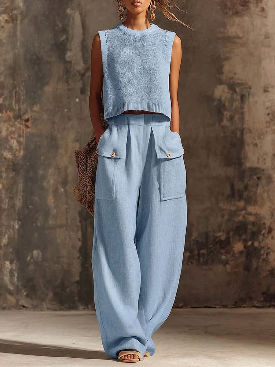 Women's versatile knit sleeveless cropped top, an essential for modern, chic summer outfits.