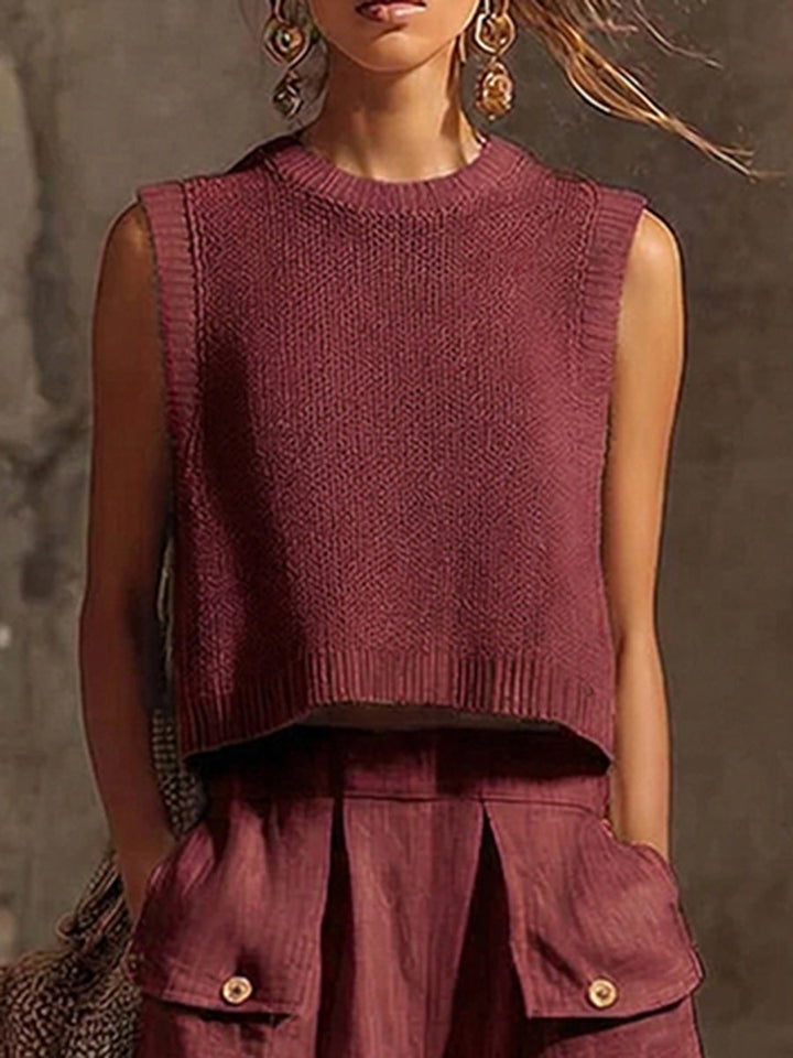 Stylish women's sleeveless knit cropped top, perfect for a chic summer look.