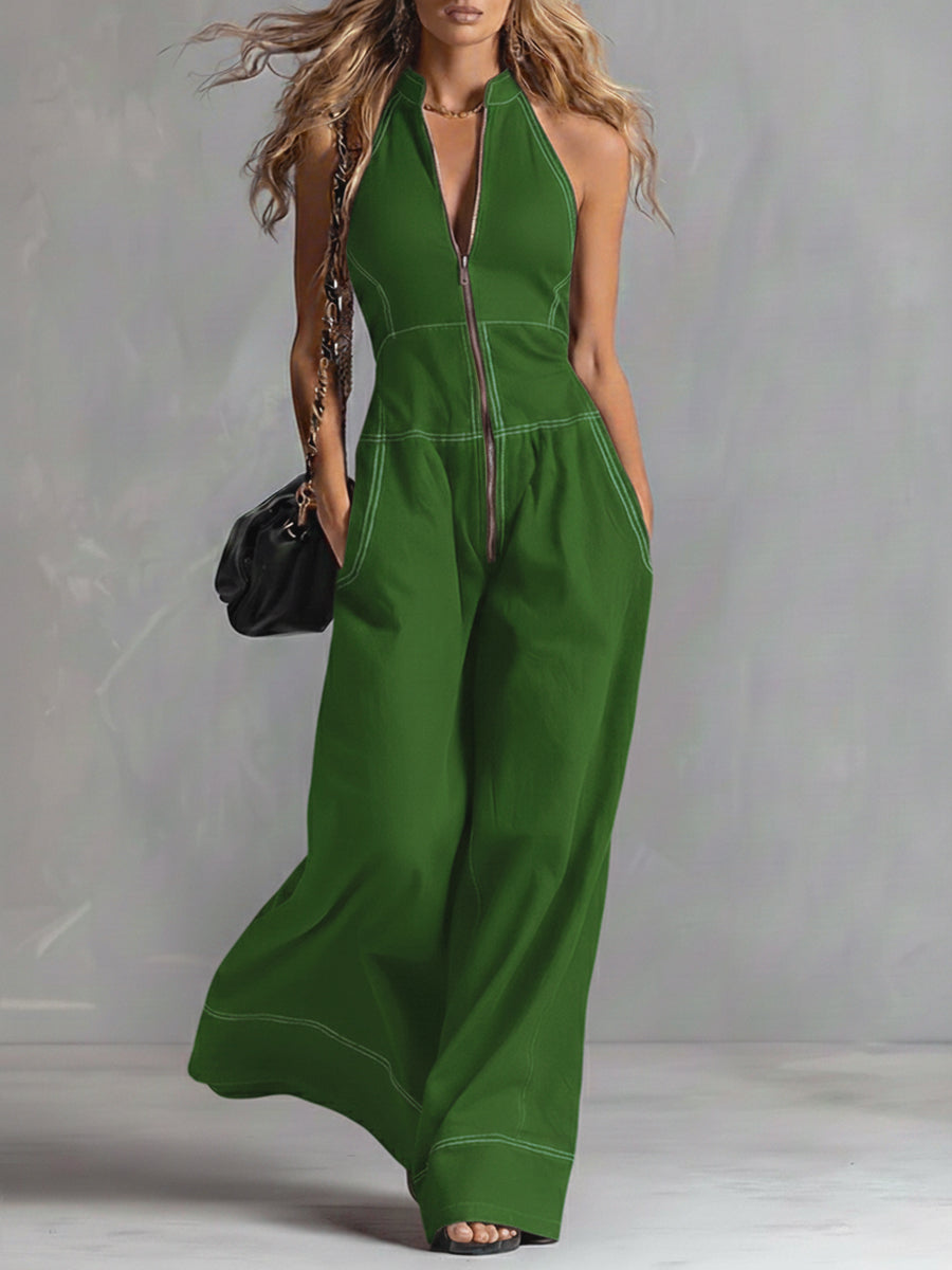 Soft women's sleeveless V-neck wide leg jumpsuit, offering stylish comfort for any casual or everyday occasion.