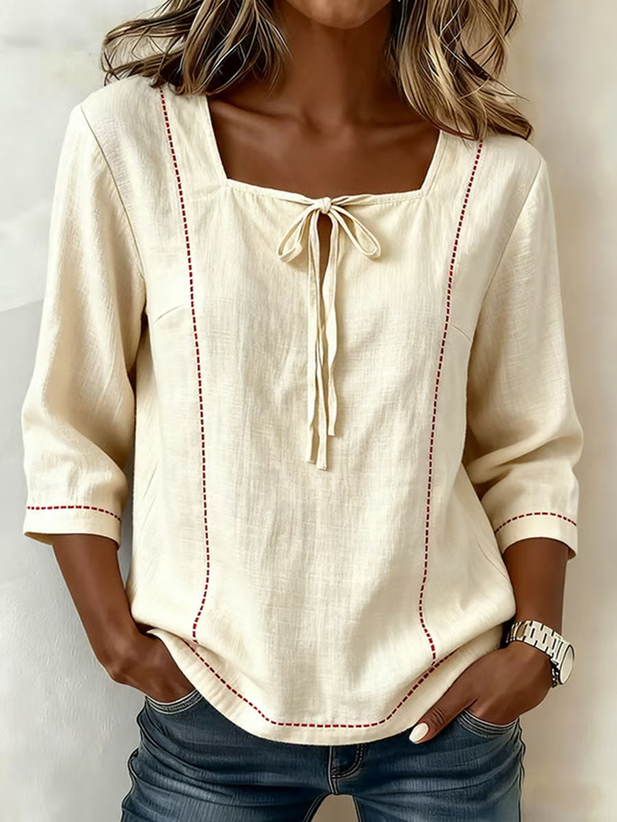 Elegant women's square neck blouse with 3/4 sleeves, perfect for office chic or dressy casual spring wear.