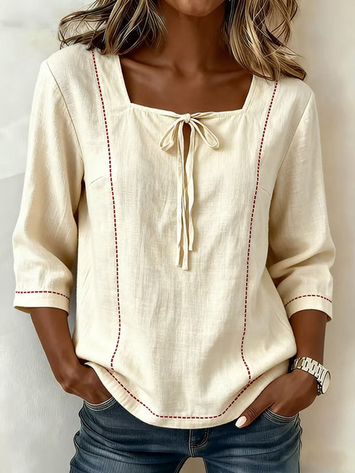 Elegant women's square neck blouse with 3/4 sleeves, perfect for office chic or dressy casual spring wear.